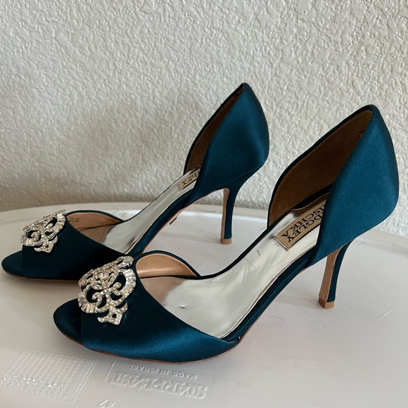 Badgley Mischka Teal Rhinestone Open Toe Heels - Picture 11 of 11
